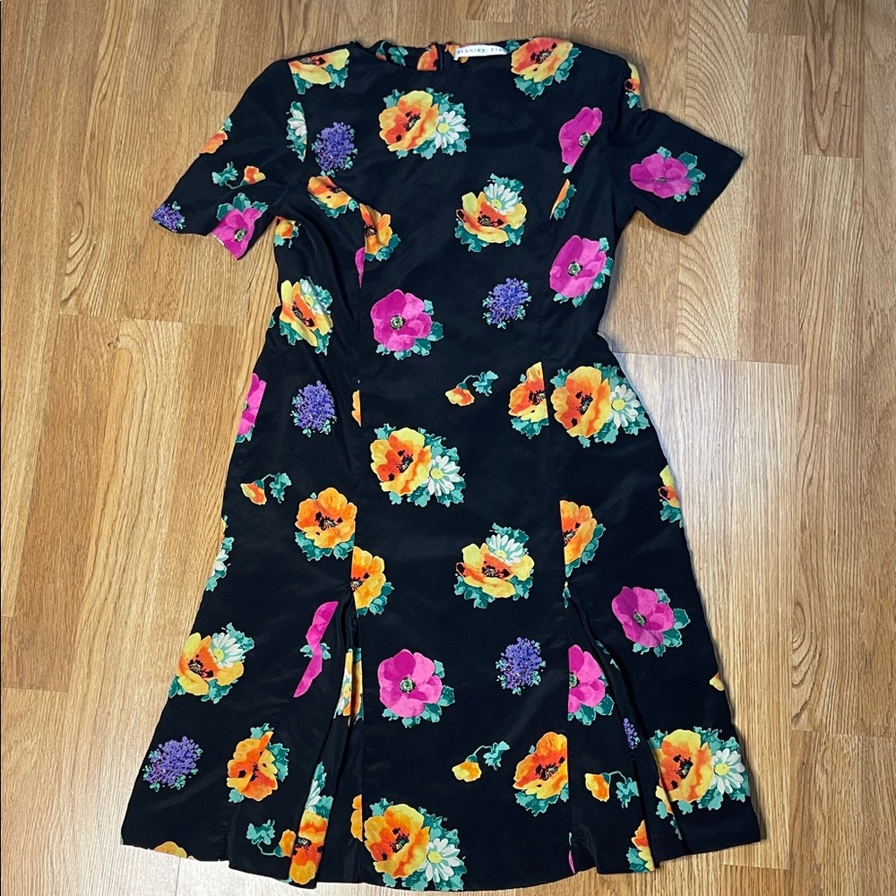 Vibrant Floral Black Midi Dress